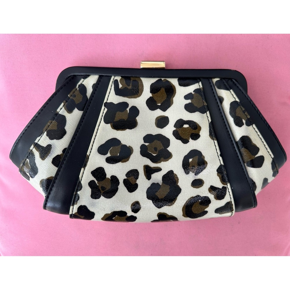 ZAC Zac Posen‎ Leopard Print Clutch Bag Purse Bow Fan Pleat Gold Hardware